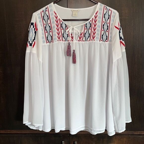 Ariat Embroidered Tassel Tie Bell Sleeve Top Large - Picture 1 of 6
